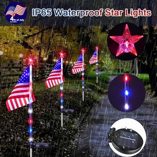 6 Pack 4th of July Decorations Outdoor Solar Lights, Red White and Blue American Flag Star Lights for National Day, Waterproof Patriotic Light for Independence Day 250th Anniversary Garden Yard Path - Image 5