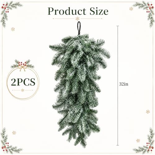 2 Pcs Extra-Long Snow Christmas Teardrop Swag, Artificial Frosted Door Swag - Image 2