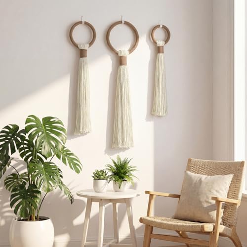 Tegeme 3 pcs Macrame Wall Hanging decor, Ring Tassel, Beige, Wire - Image 3