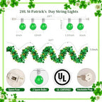 20FT St Patrick's Day Garland Lights, Plug in Outdoor Green Global String Lights and Tinsel Shamrock Garland Set, Parallel Connectable for Home Garden Irish Saint Patrick Party Decorations - Image 2