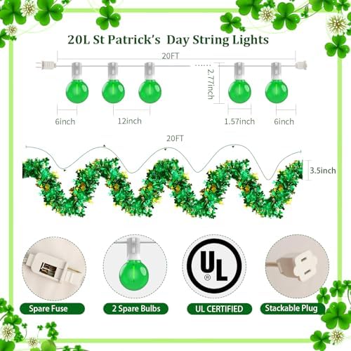 20FT St Patrick's Day Garland Lights, Plug in Outdoor Green Global String Lights and Tinsel Shamrock Garland Set, Parallel Connectable for Home Garden Irish Saint Patrick Party Decorations - Image 2