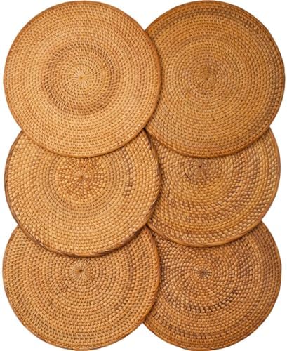 6-Pack Rattan Placemats - 13-inch Round Placemats (Smoky Brown) - Smoked-Cured Woven Place Mats, Round Table Mats - Wicker Chargers for Dinner Plates, Plate Chargers Boho - Kitchen Table Decor by Decvel