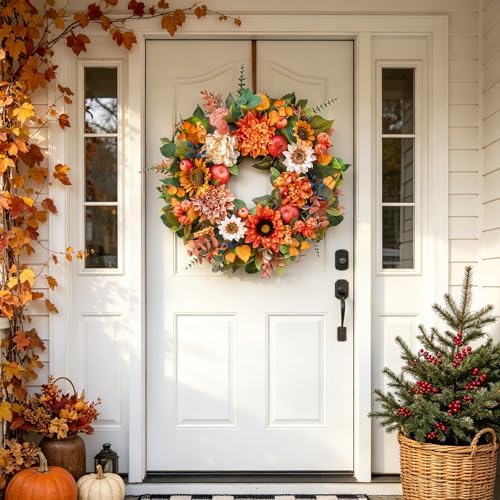 24 Inch Fall Wreaths for Front Door, Apple Wreath Artificial Autumn Wreath - Image 4