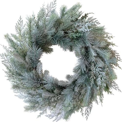 idyllic 24 Inch Norfolk Pine Wreath and Cedar Wreath for Front Door, Real Touch Christmas Wreath for Indoor and Outdoor Decor, Snowy White Xmas Winter Wreaths for Porch or Window by idyllic