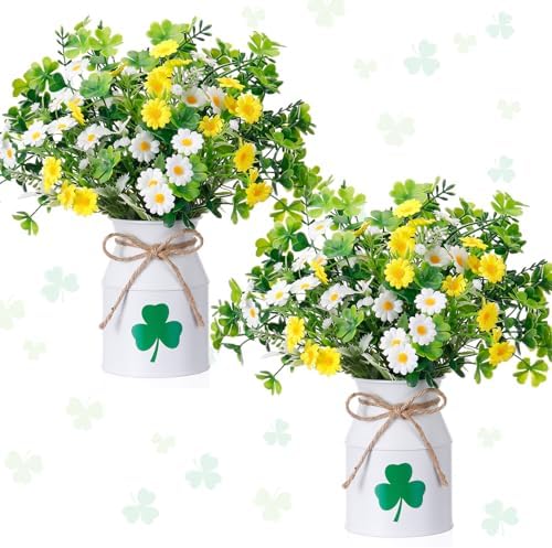 Canlierr 10 Pcs St. Patrick's Day Decorations Table Centerpiece Artificial Daisy Four Leaf Clover Branches with Vase Set Green Floral Arrangements for Home Farmhouse Party by Canlierr