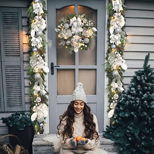 Vofuly Pre-lit 6 feet Winter White Silver Christmas Garland Decor 20 LED Lights,Garland with Balls and Ribbon Bow,Xmas Decoration on Mantle Fireplace Front Door Indoor Outdoor,Battery Operated - Image 6