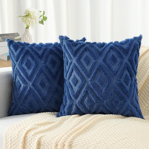 Pallene Fall Blue Faux Fur Throw Pillow Covers 24x24 Set of 2 by PALLENE