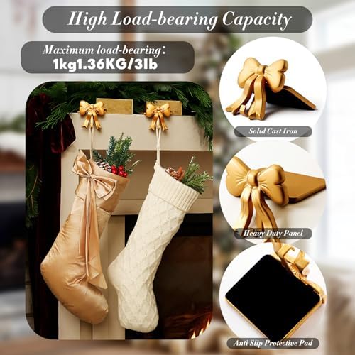 MorningRo 4 Pcs Bow Christmas Stocking Holder Brass Stocking Hangers Handmade Wrought Iron Xmas Bow Decoration for Fireplace Shelf Staircases Party Decoration Christmas Mantel Decor - Image 5