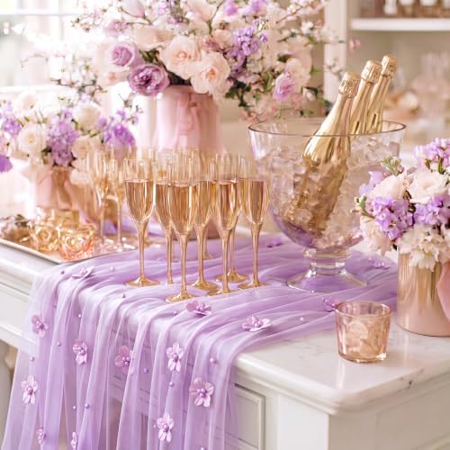 6 Pcs 29x120'' Pearl Tulle Table Runner 10ft Wedding Tablecloth, Purple - Image 2