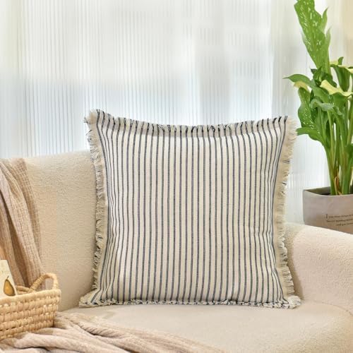 ZWJD Throw Pillow Covers 24x24 Set of 2 Striped Pillow Covers with Fringe Chic Cotton Decorative Pillows Square Cushion Covers for Sofa Couch Bed Living Room Farmhouse Decor, (Navy) - Image 2