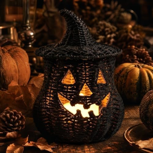 TREBIN 11'' Wicker Pumpkin Lantern Halloween Decor, Handwoven Rattan Halloween Candy Basket Jack O Lantern Candle Holder, Rustic Witch Hat Pumpkin Decoration for Tabletop Porch Mantel (Single-Black) - Image 6