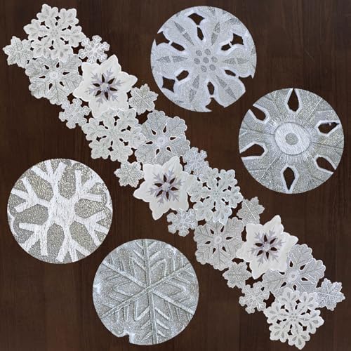 Grelucgo Machine Embroidered and Hand Cut Silver Grey and White Snowflakes Table Runner for Christmas Holiday (13.5 x 120 inches) - Image 2