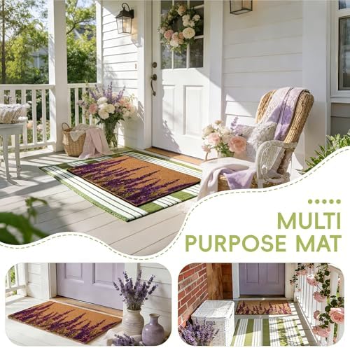 2 PCS Lavender Floral Welcome Door Mat Set, 17"x30" Coir Doormat with Non-Slip Backing & Green White Striped Mat, Farmhouse Spring Doormat for Front Porch, Patio, Entryway Spring Home Decor - Image 6