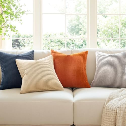 Topfinel Decorative Velvet Pillow Covers Blue and Yellow 18x18 Boho Nordic Couch Throw Pillow Covers for Bed Pack of 4 Corduroy Accent Modern Pillowcase Sofa Livingroom Home Decor - Image 2