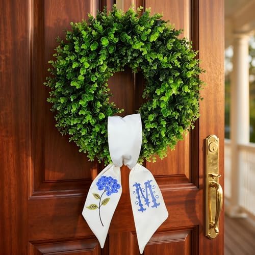 Boxwood Wreath for Front Door Spring Summer Wreaths Farmhouse Hanger,Last Name Year Inital Round Porch Decor,20 inch Multi Occasion use Wreath with Personalized Monogram sash Embroidered - (M) - Image 3
