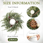 24 PCS Christmas Wreath Christmas Kitchen Cabinet Wreaths with Burlap Ribbon Mini Wreath Pine Garland Frosted Cedar Pine Cone Hanging Garlands Candle Rings for Front Door Window Chair Wall - Image 2