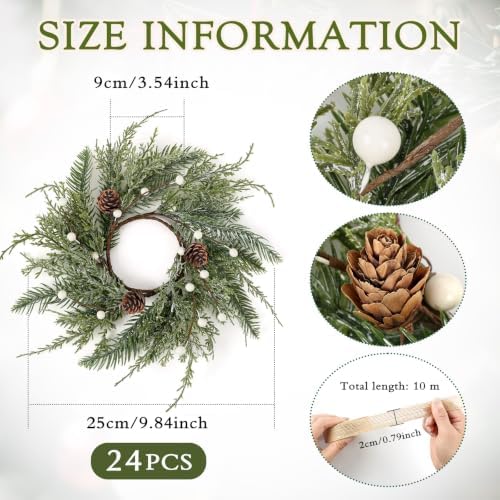 24 PCS Christmas Wreath Christmas Kitchen Cabinet Wreaths with Burlap Ribbon Mini Wreath Pine Garland Frosted Cedar Pine Cone Hanging Garlands Candle Rings for Front Door Window Chair Wall - Image 2