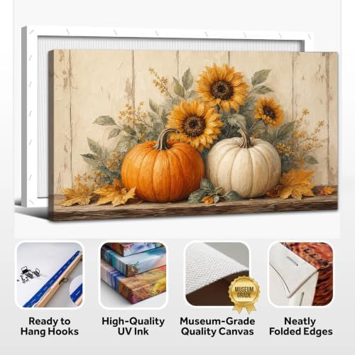 WAXWHELK Pumpkin Fall Canvas Wall Art, Pumpkin and Sunflower Autumn Thanksgiving Painting Pictures, Rustic Farmhouse Artwork for Living Room Bedroom Home Decor (16"x32") - Image 6