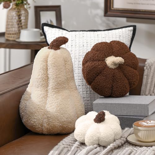 Beeveer 3 Pcs Fall Thanksgiving Pumpkin Pillows,Dark Brown & Cream - Image 2