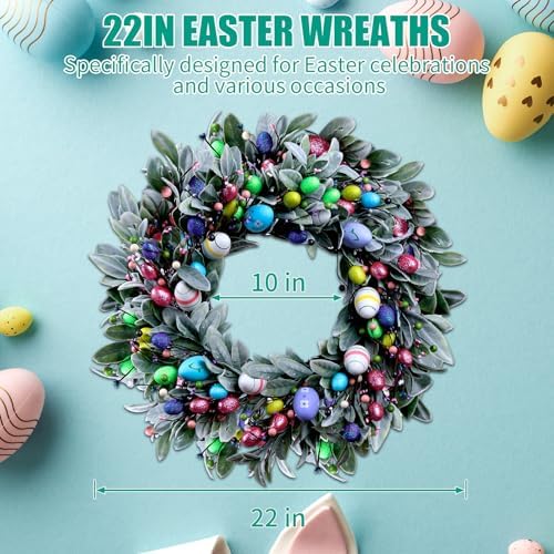 22'' Easter Wreaths for Front Door, Spring Door Wreath with Pastel Eggs, Glitter Eggs, Berries & Silk Lambs Ear Leaves, Artificial Easter Decor Garland for Indoor Outdoor Porch Wall Home Decorations - Image 3