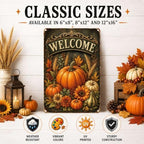 Decorative Tin Sign Vintage Metal Tin Sign Welcome Pumpkins Sunflowers Wheat Ornate Wood Background Autumn Wall Decor for Entryway Living Room 12×16 Inches with Metal Frame - Image 2
