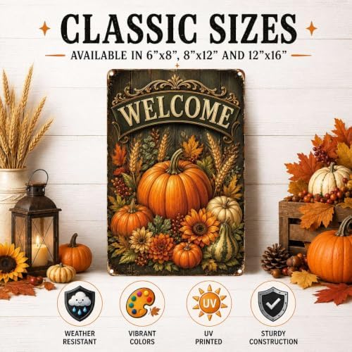 Decorative Tin Sign Vintage Metal Tin Sign Welcome Pumpkins Sunflowers Wheat Ornate Wood Background Autumn Wall Decor for Entryway Living Room 6×8 Inches with Metal Frame - Image 2