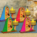 Divyakosh Traditional Rajasthani Lady Face Tea Light Candle Holder Set – Multicolor Wooden Decorative Diyas for Home, Festive Decor & Gifts (Set of 4) - Image 6