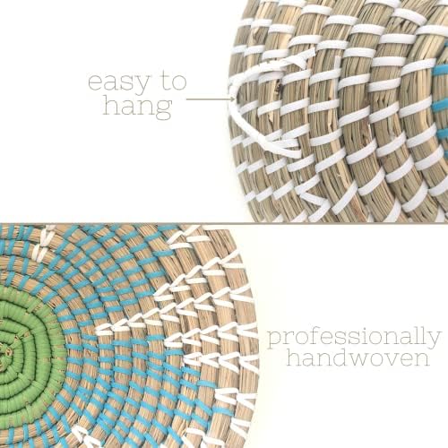 GoGift Wall Basket Decor - Wicker Coastal For Home Baskets Hanging Woven Boho Beach Rattan Seagrass Set of 3 Beige Teal Blue and Light Green - Image 3