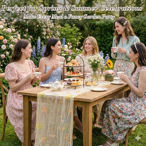 4 Pack Beige Wildflower Floral Table Runner 120", Embroidered Tulle Gauze for Wedding Reception, Boho Vintage Spring Summer Table Decor - Image 5