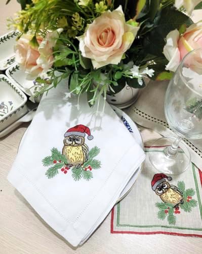 Embroidered Cloth Napkin Owl Christmas Cotton Napkins Set of 6, 20 x 20 Hemstitch Table Napkins, Machine Washable, for Daily & Holiday Dining, Great Gift Ideas - Image 5