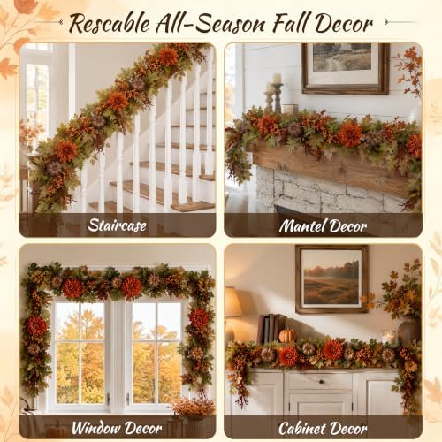 Grooy Fall Garland for Mantle, 6FT Pumpkin Maple Leaves Garland - Image 4