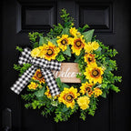 Garvee 20 Inch Sunflower Wreath with Welcome Sign, Spring Summer Wreaths for Front Door with Yellow Blooms and Buffalo Plaid Bow, for Farmhouse Porch Window Wall Home Decor by Garvee