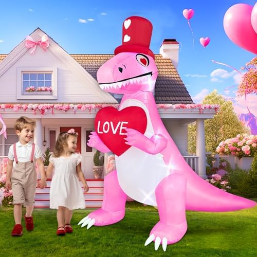 TURNMEON 8 Ft Long 6 Ft Tall Giant Valentines Day Inflatables Dinosaur Decorations Outdoor Blow Up Pink Dinosaur Holds Loves Heart with LEDs Valentine Day Decor for Yard Garden Lawn Wedding Party - Image 2