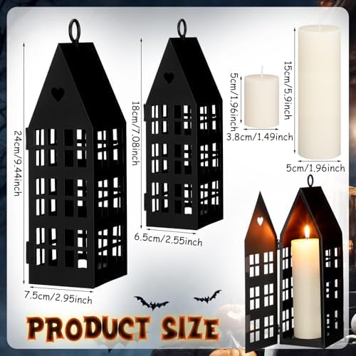 SiliFine 2 Pcs Halloween Haunted House Lanterns with 2 Candles, 9.44", 7" - Image 2