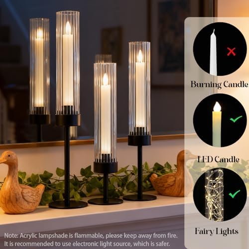 Metal & Acrylic Taper Candle Holders with Ribbed Design - Hurricane Clear Cylinder Candelabra for Wedding, Christmas, Party, Dining Table Centerpiece Decor (Black, Set of 6) - Image 4