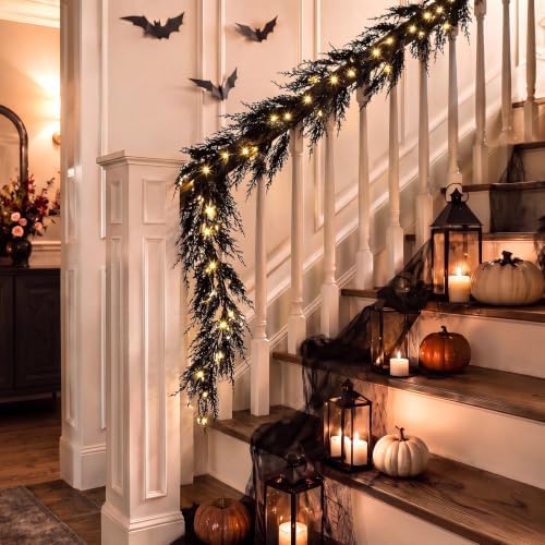 Wavwavw 5 ft Black Halloween Garland with Lights for Mantle Gothic Decor - Image 5