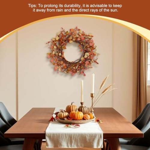 20 Inch Fall Wreath for Front Door Autumn Decor with Orange Eucalyptus Leaves Rustic Thanksgiving Harvest Wreaths Indoor Outdoor Hanging Home Decor - Image 4