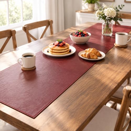 Red Faux Leather Table Runner Waterproof Heatproof for Christmas 120 inch - Image 2