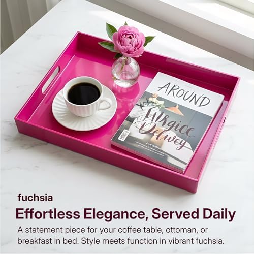 Large Decorative Tray, Rectangular Serving Tray with Handles, Plastic Coffee Table Tray for Ottoman, Living Room, Kitchen Tabletop, Rose Pink, 15.7” x 11.8” x1.6” - Image 2