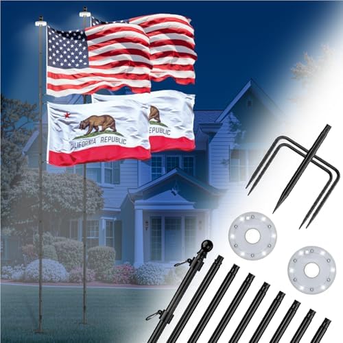 ZMTECH 12FT 2PACK Heavy Duty Flag Pole with Solar Light & 5 Pronges Base in Ground for Yard, Tangle Free Spinning Stainless Steel,Windproof, Fit for 2 Flags |Outside House Residential |Commercial by HighQualityGardeningTools