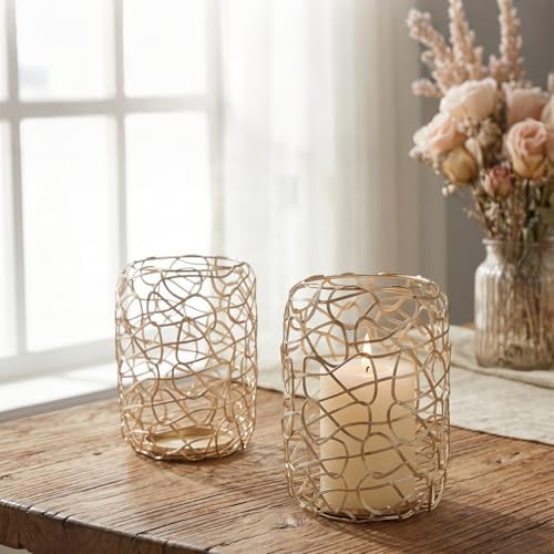 Decorative Lanterns for 3" Pillar Candles, Gold Candle Holders Set of 2 - Image 5