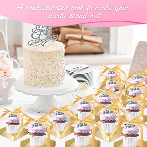Gerrii 100 Pcs Clear Plastic Individual Cupcake Boxes 3.5" Single Cupcake Containers Transparent Ornament Gift Box with Inserts and Ribbon for Wedding Baby Shower Party Favor(Gold) - Image 6