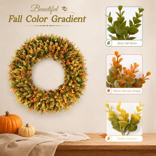 Vlorart Large Fall Wreaths for Front Door, Fall Wreath 24 Inch, Handmade Boxwood Wreath with Cream Linen Sash, Waterproof UV-Resistant Outdoor Autumn Decor for Farmhouse Porch, Window and Thanksgiving - Image 2