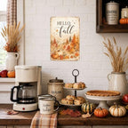 Decorative Tin Sign Watercolor Metal Tin Sign Hello Fall Mountain Forest Autumn Leaves Pumpkins Seasonal Wall Decor for Living Room Entryway Cabin 12×16 Inches with Metal Frame - Image 4