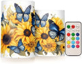 ALAZA Blue Butterflies Sunflowers Flickering Flameless Candles Battery Operated with Remote Timer,Tea Light Candles LED Pillar Votive Candles Set of 2 for Outdoor Indoor Decorations by ALAZA