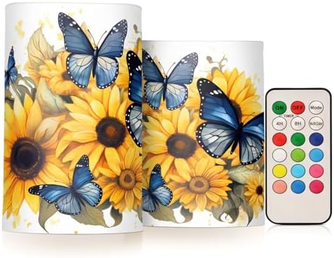ALAZA Blue Butterflies Sunflowers Flickering Flameless Candles Battery Operated with Remote Timer,Tea Light Candles LED Pillar Votive Candles Set of 2 for Outdoor Indoor Decorations by ALAZA