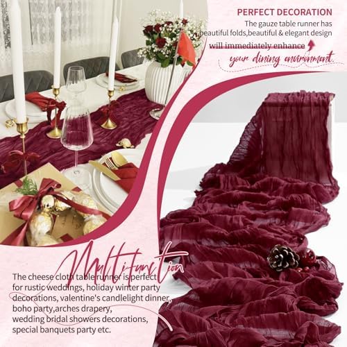 30 Pack Cheesecloth Table Runner 10FT Burgundy Red Table Runner Boho Gauze Cheese Cloth Table Runners Long Rustic Sheer Table Decorations for Wedding Party Baby Bridal Shower Birthday Holiday Home - Image 6