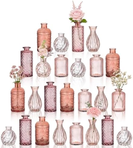 Hewory Small Bud Vases Bulk: 25Pcs Multi Pink Flower Vases for Centerpieces by Hewory