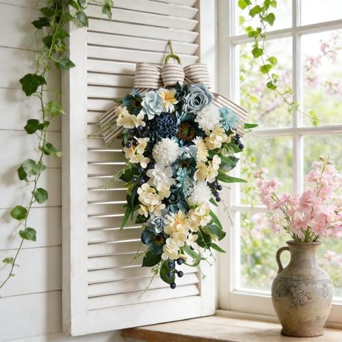 Idyllic 25 Inch Spring Blue Rose Door Hanging Artificial Floral Swag for Front Door Window Porch Stair Railing Spring Holiday Indoor Outdoor Home Decor - Image 2