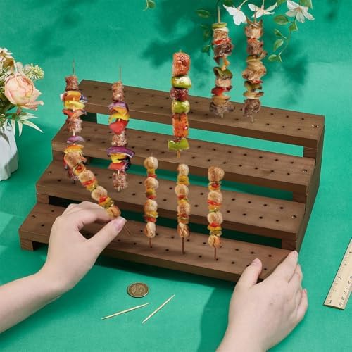 PH PandaHall 4-Tier Wooden Food Skewer Display Stand, 120 Holes Fruit Kabobs Skewers Display Board Catering Supplies Clay Perfume Jewelry Rack for Appetizers Cocktail Parties Picnic, 13.8x9.5x4.7inch - Image 3